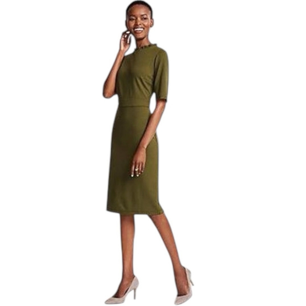 Ann Taylor deep olive ruffle neck ponte knit dress 6P